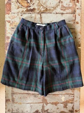 Norton McNaughton Navy, Green & Red Plaid Wool Bermuda Shorts